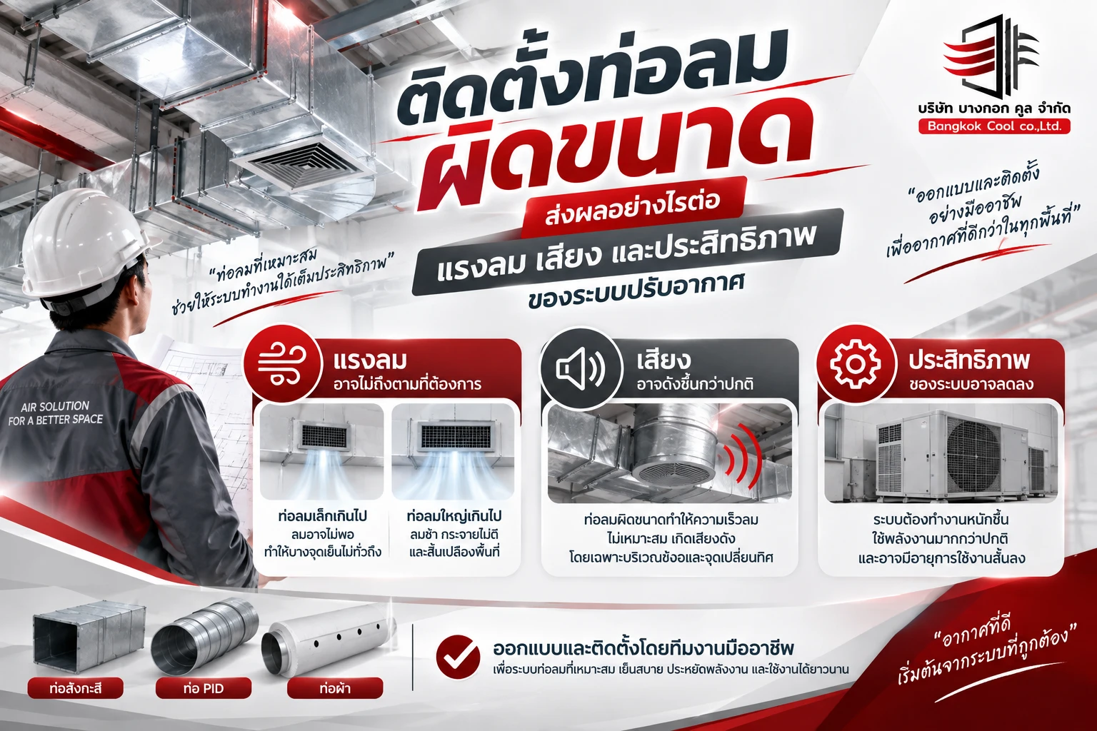 ติดตั้งท่อลมผิดขนาดส่งผลอย่างไรต่อแรงลม เสียง และประสิทธิภาพของระบบปรับอากาศ